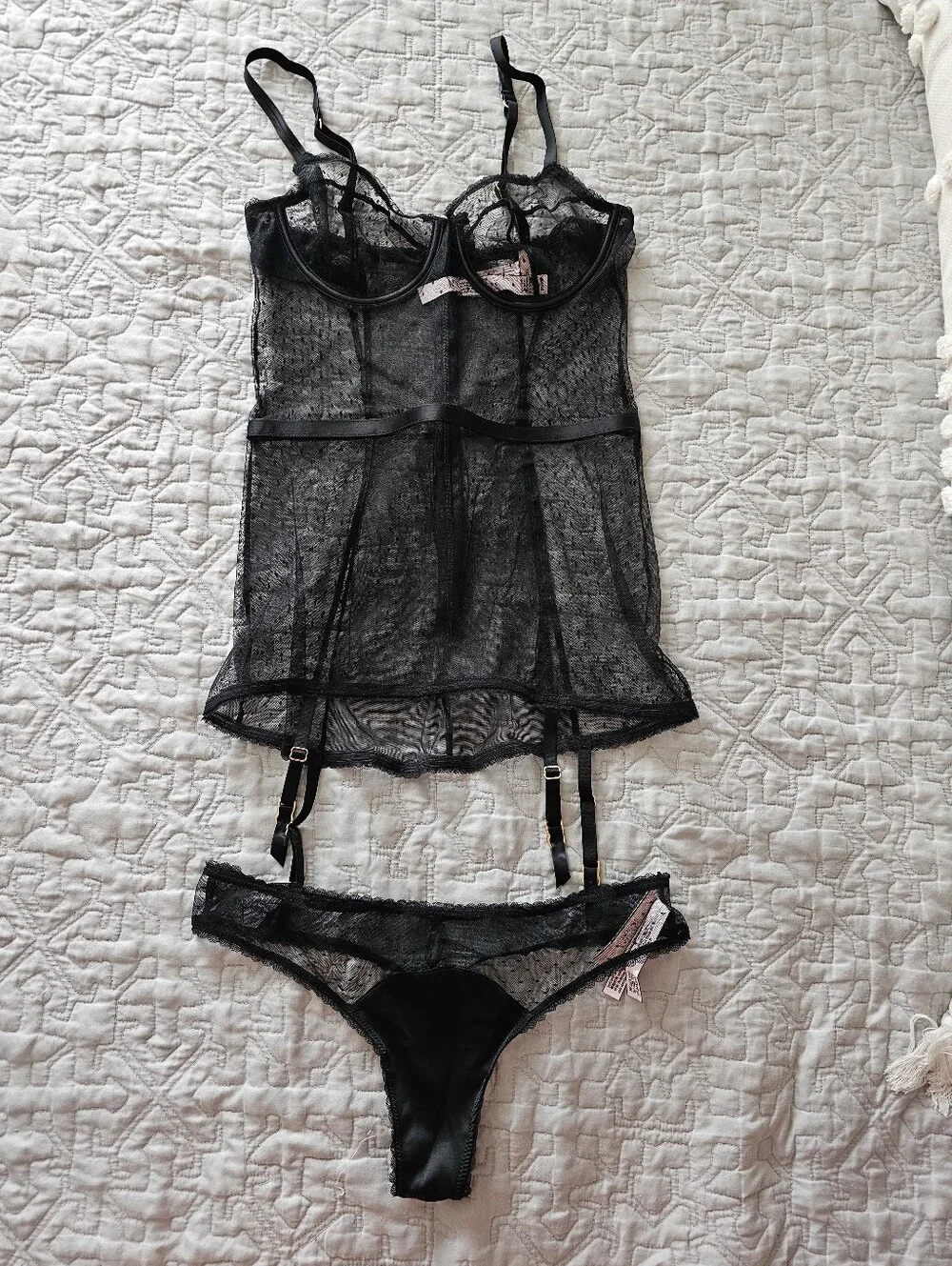 Victoria's Secret Sheer Lace Garter Chemise Set - Black